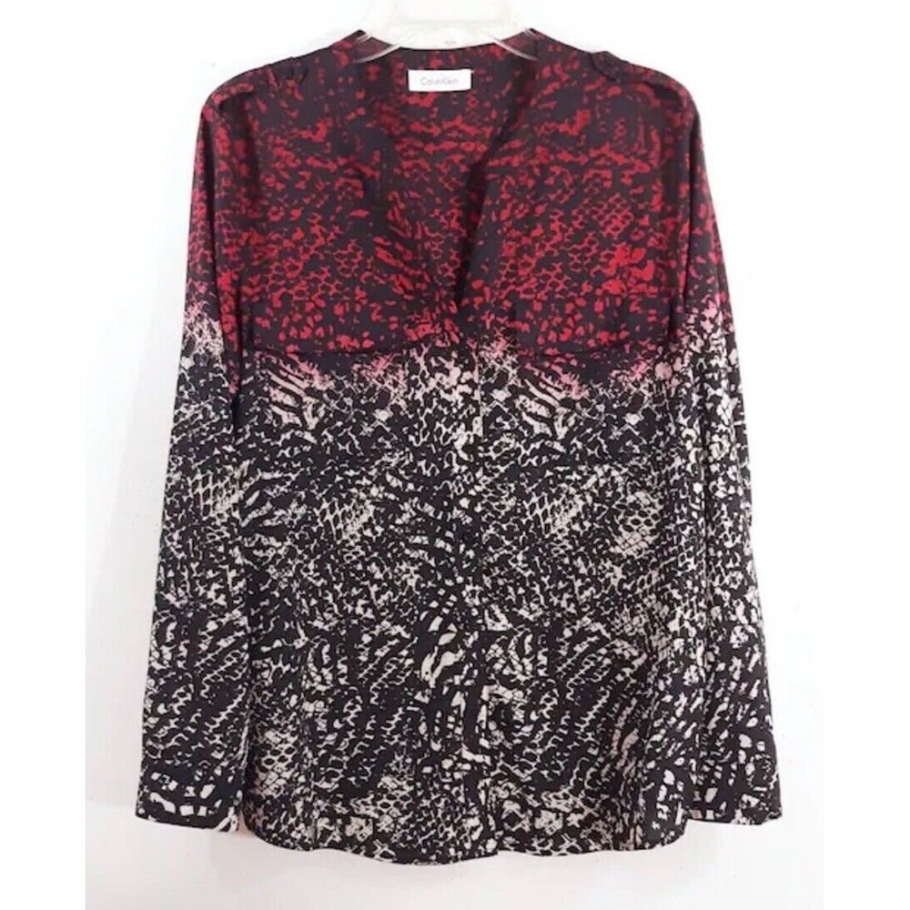 Calvin Klein Red Ombré Snakeskin Roll Tab Sleeve Button Up Blouse Tunic Women L